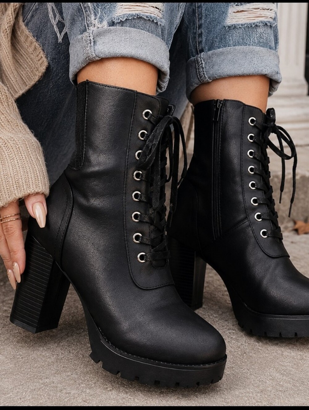Women’s Lace-Up Combat Ankle Boots – Chunky High Heel, Lug Sole, Side Zipper - Picture 3 of 6